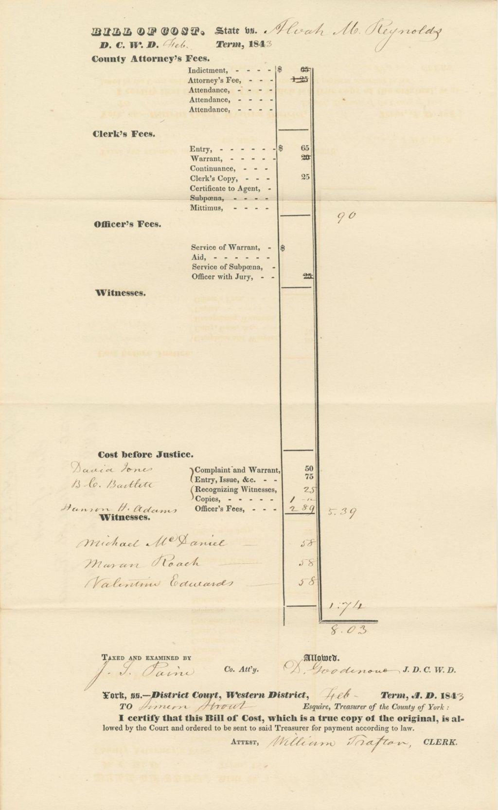 Miniature of Bill of Cost State v. Alvah M. Reynolds