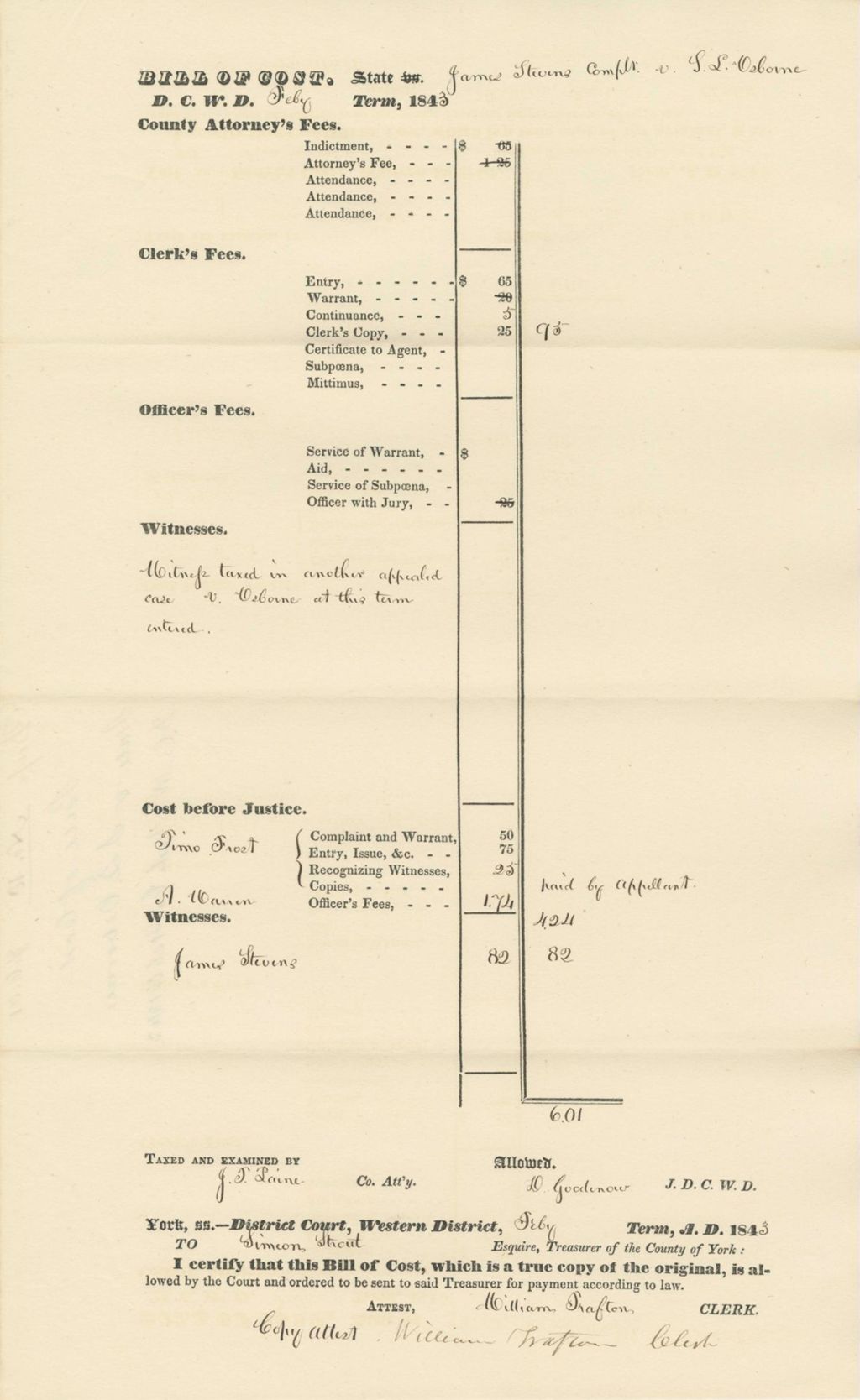 Miniature of Bill of Cost State v. S.L. Osborne