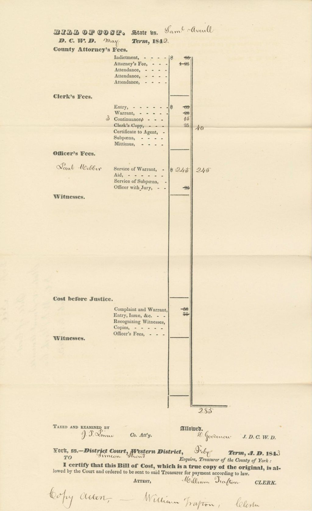 Miniature of Bill of Cost State v. Sam Avenill