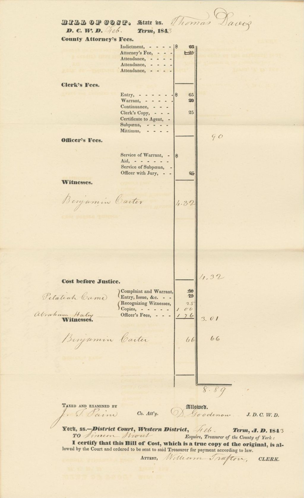 Miniature of Bill of Cost State v. Thomas Davis