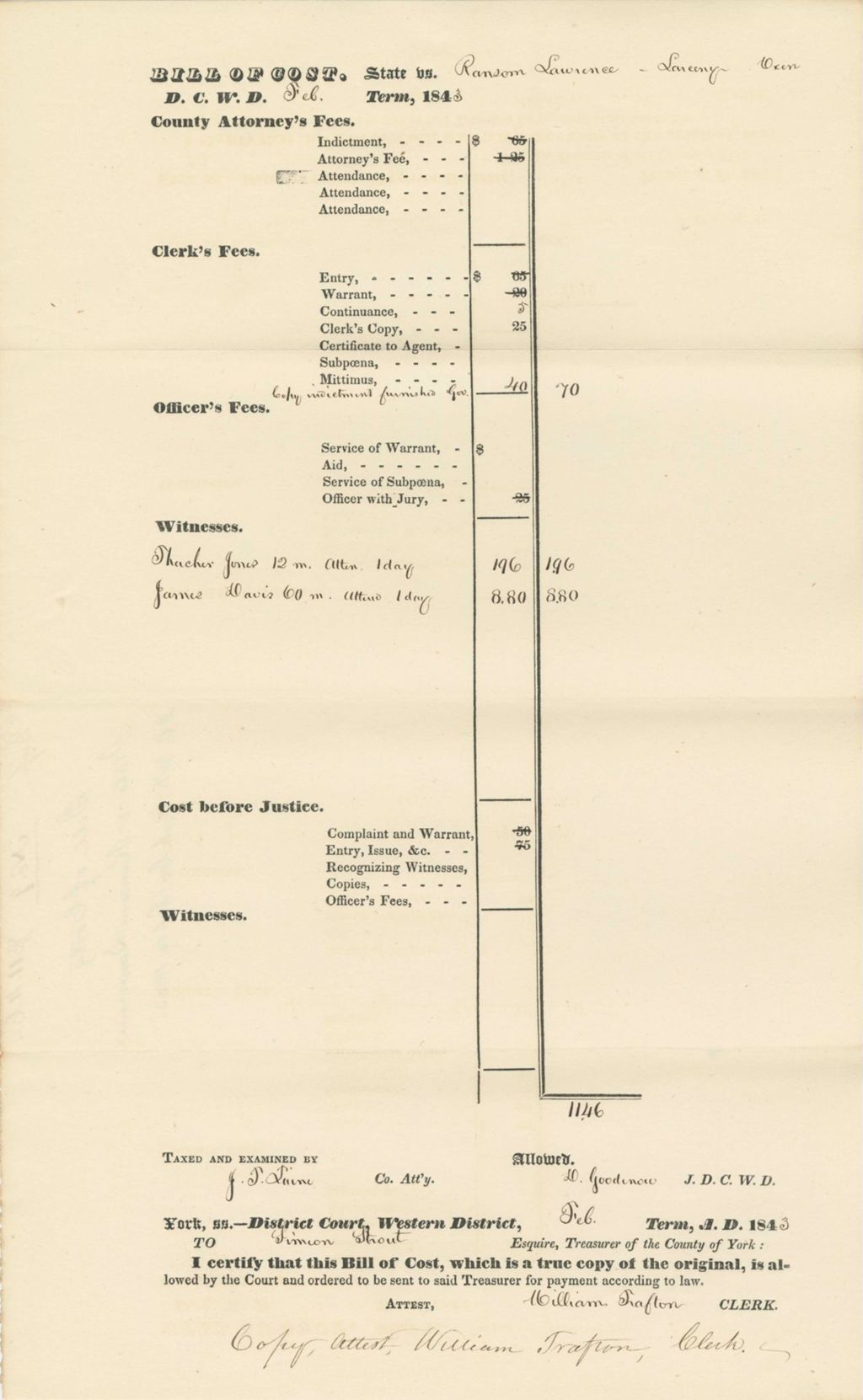 Miniature of Bill of Cost State v. Ransom Lawrence