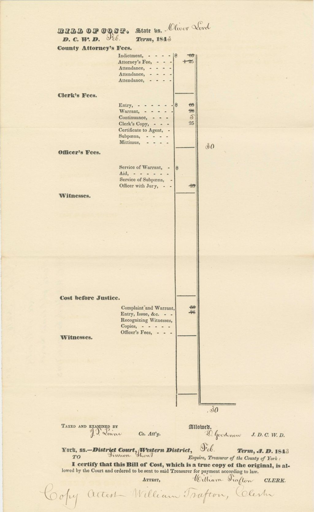 Miniature of Bill of Cost State v. Oliver Lord