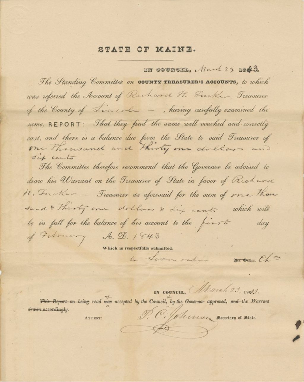 Miniature of Report 100: Report on the Warrant in Favor of Richard H. Tucker, Treasurer of Lincoln County