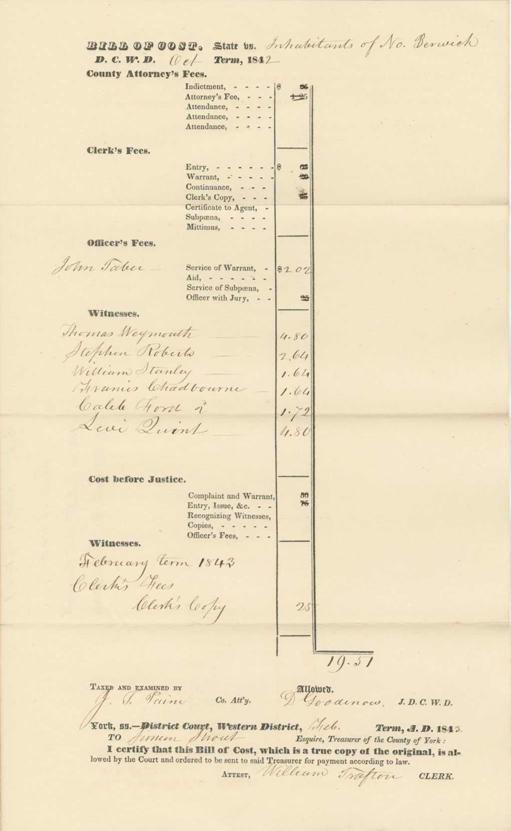 Miniature of Bill of Cost State v. Inhabitants of North Berwick