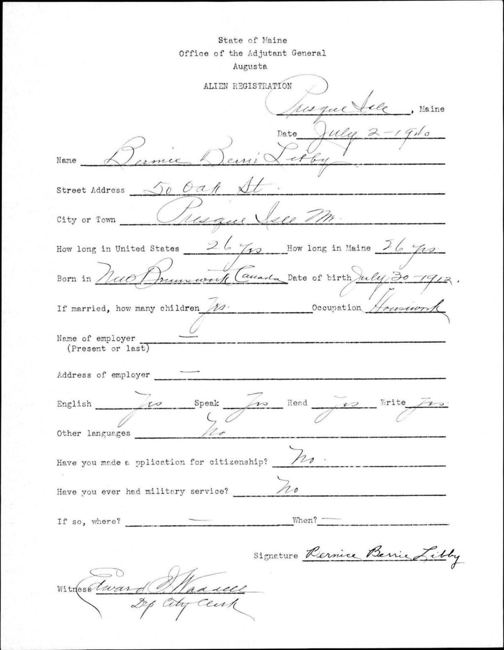 Miniature of Alien Registration- Libby, Bernice B. (Presque Isle, Aroostook County)