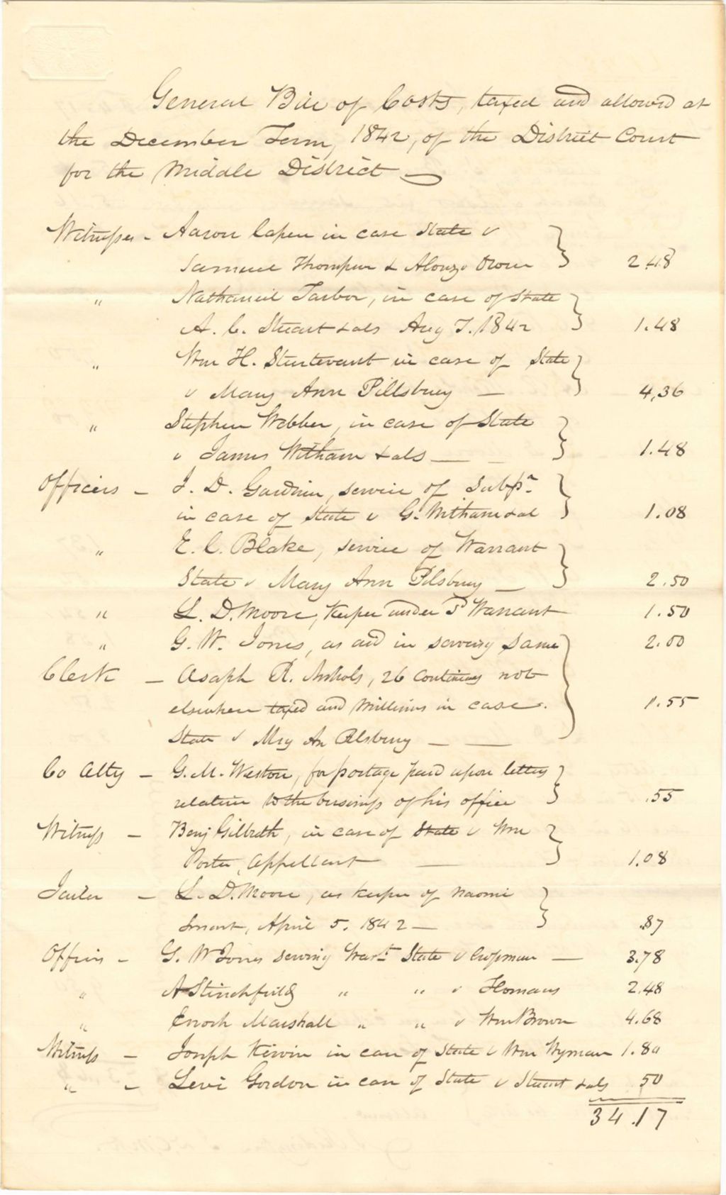 Miniature of General Bill of Costs from the District Court for the Middle District