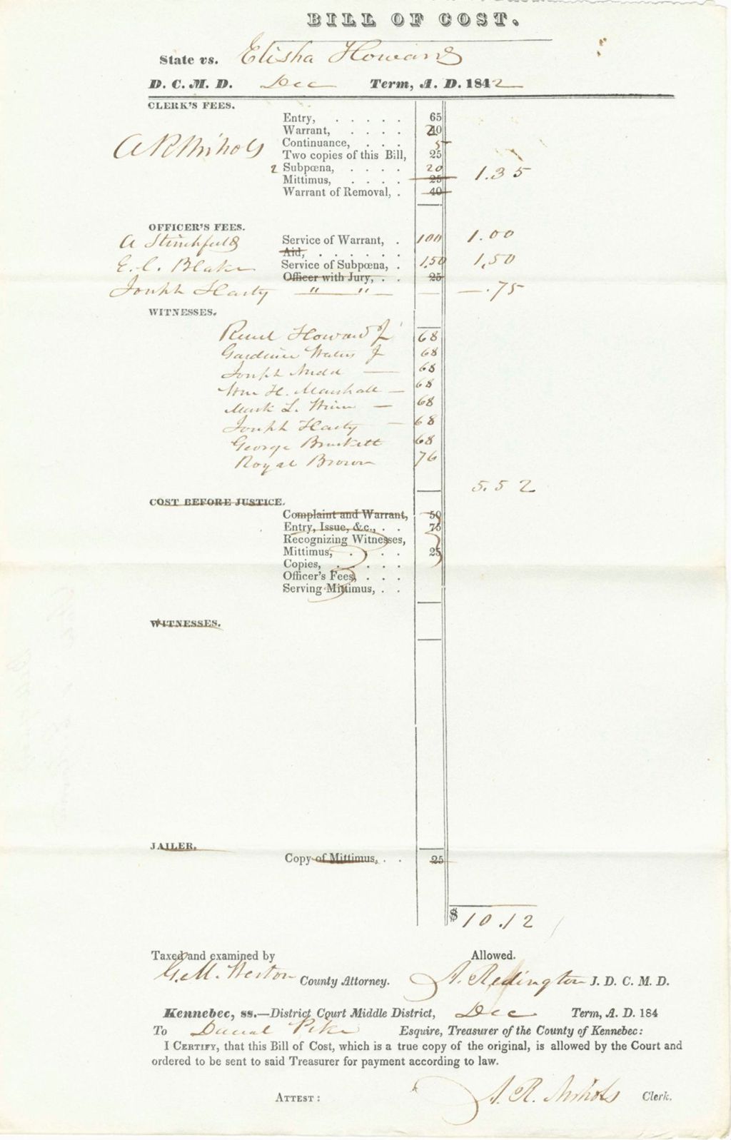 Miniature of Bill of Costs, State of Maine v. E. Howan