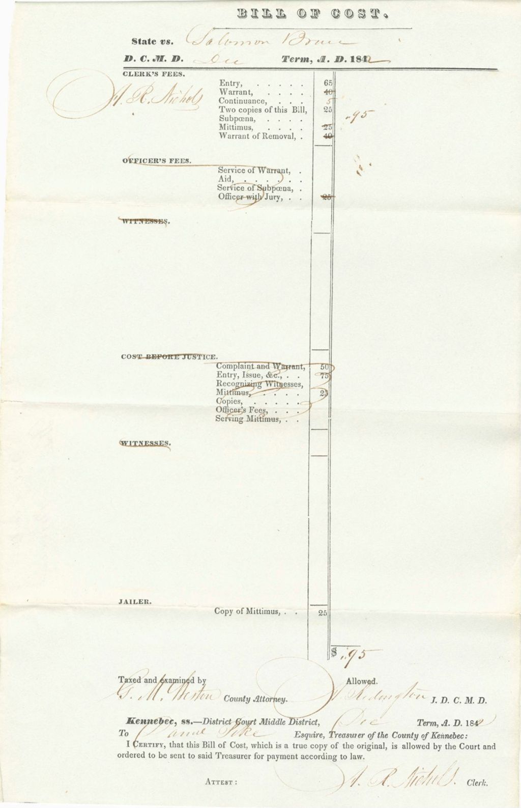 Miniature of Bill of Costs, State of Maine v. Soloman Bruce
