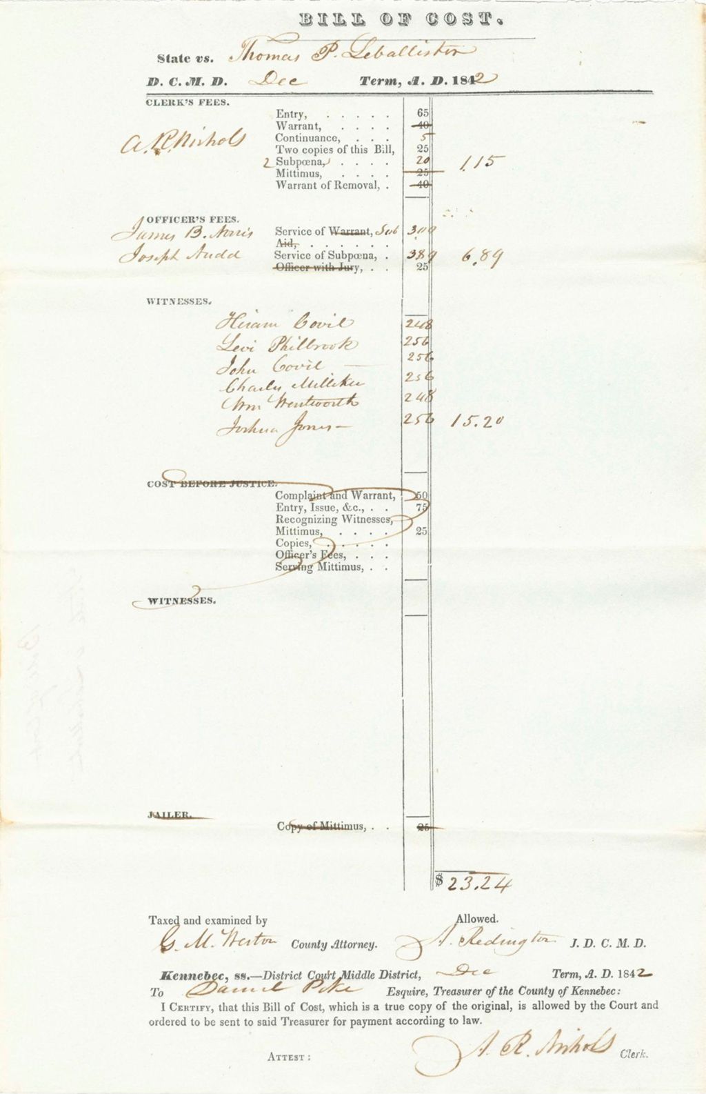 Miniature of Bill of Costs, State of Maine v. Leballinter