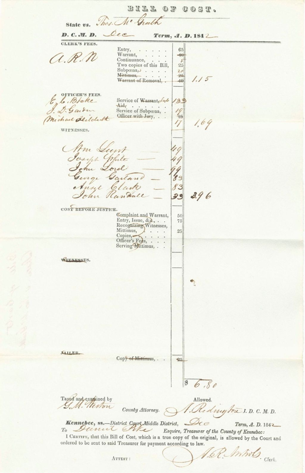 Miniature of Bill of Costs, State of Maine v. Thos McGrath
