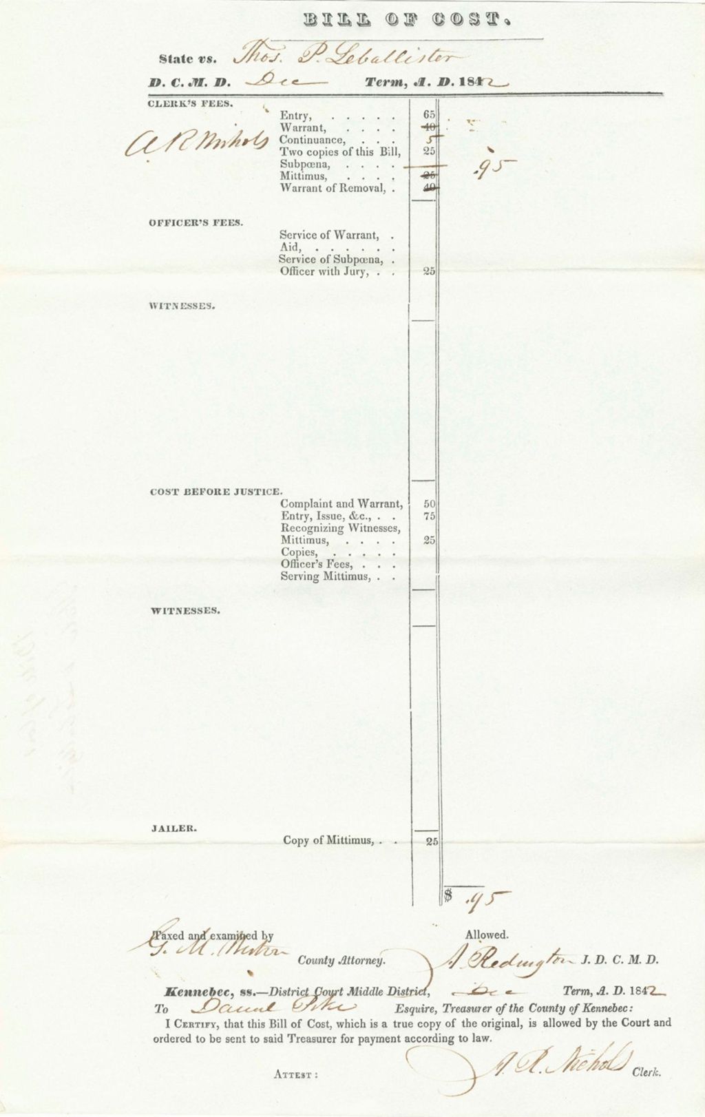 Miniature of Bill of Costs, State of Maine v. Leballinter