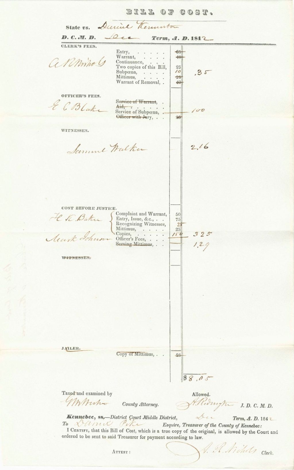 Miniature of Bill of Costs, State of Maine v. Kennton