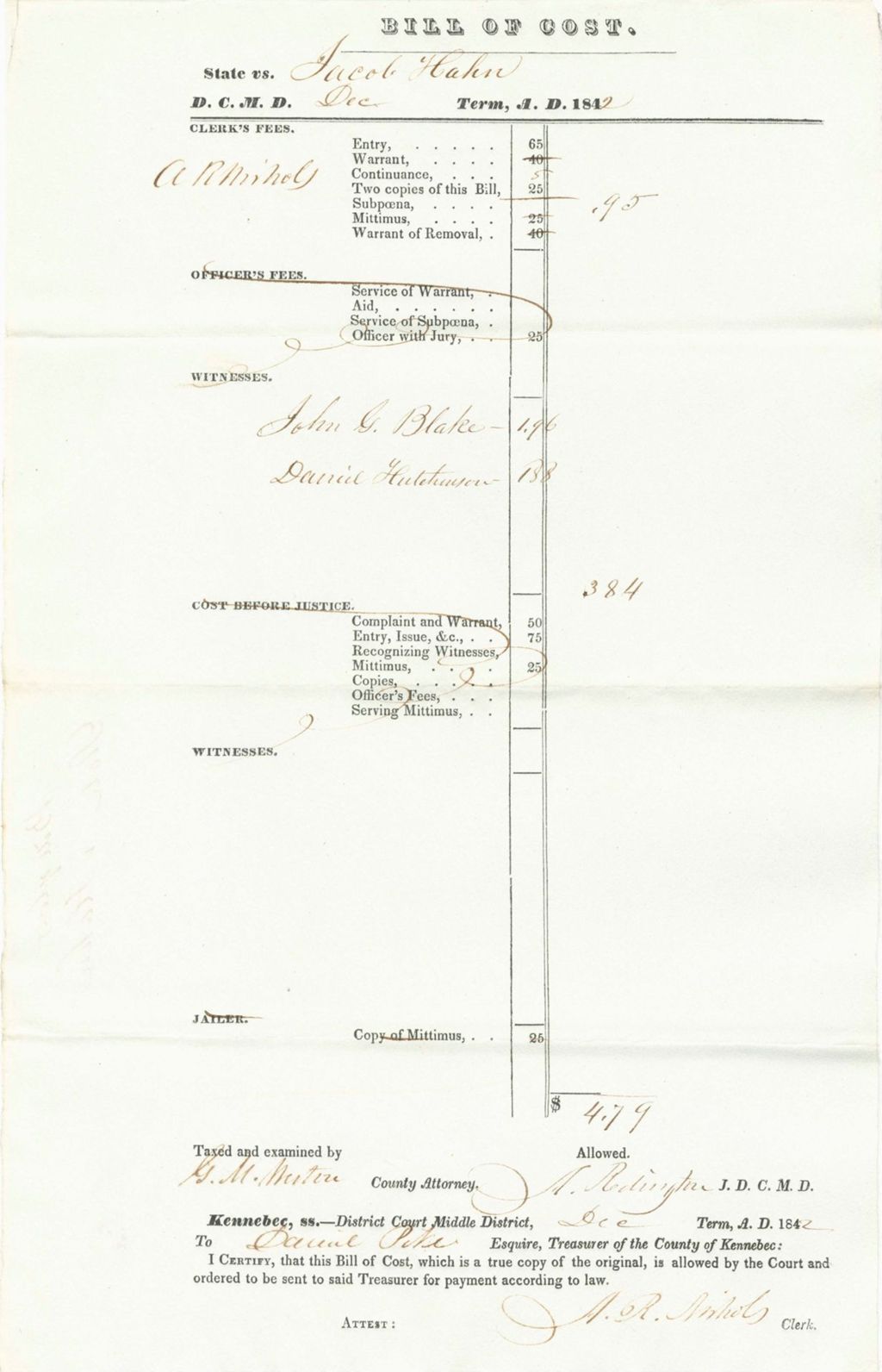 Miniature of Bill of Costs, State of Maine v. Hahn