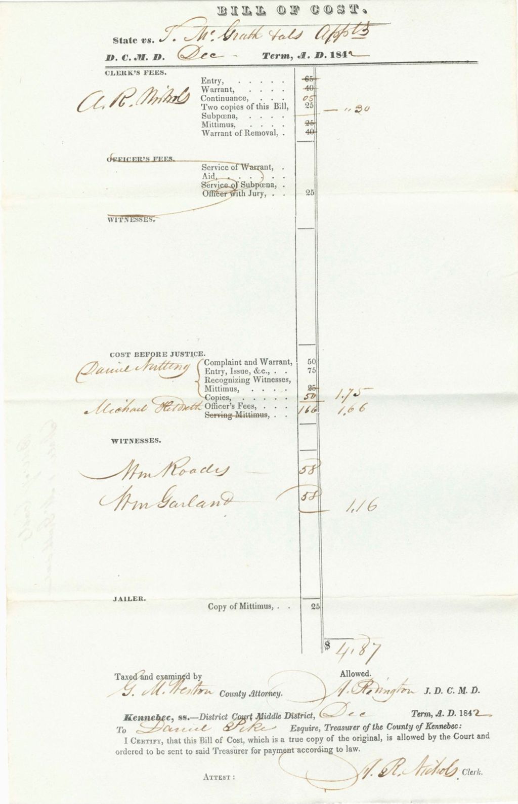 Miniature of Bill of Costs, State of Maine v. McGrath et al.