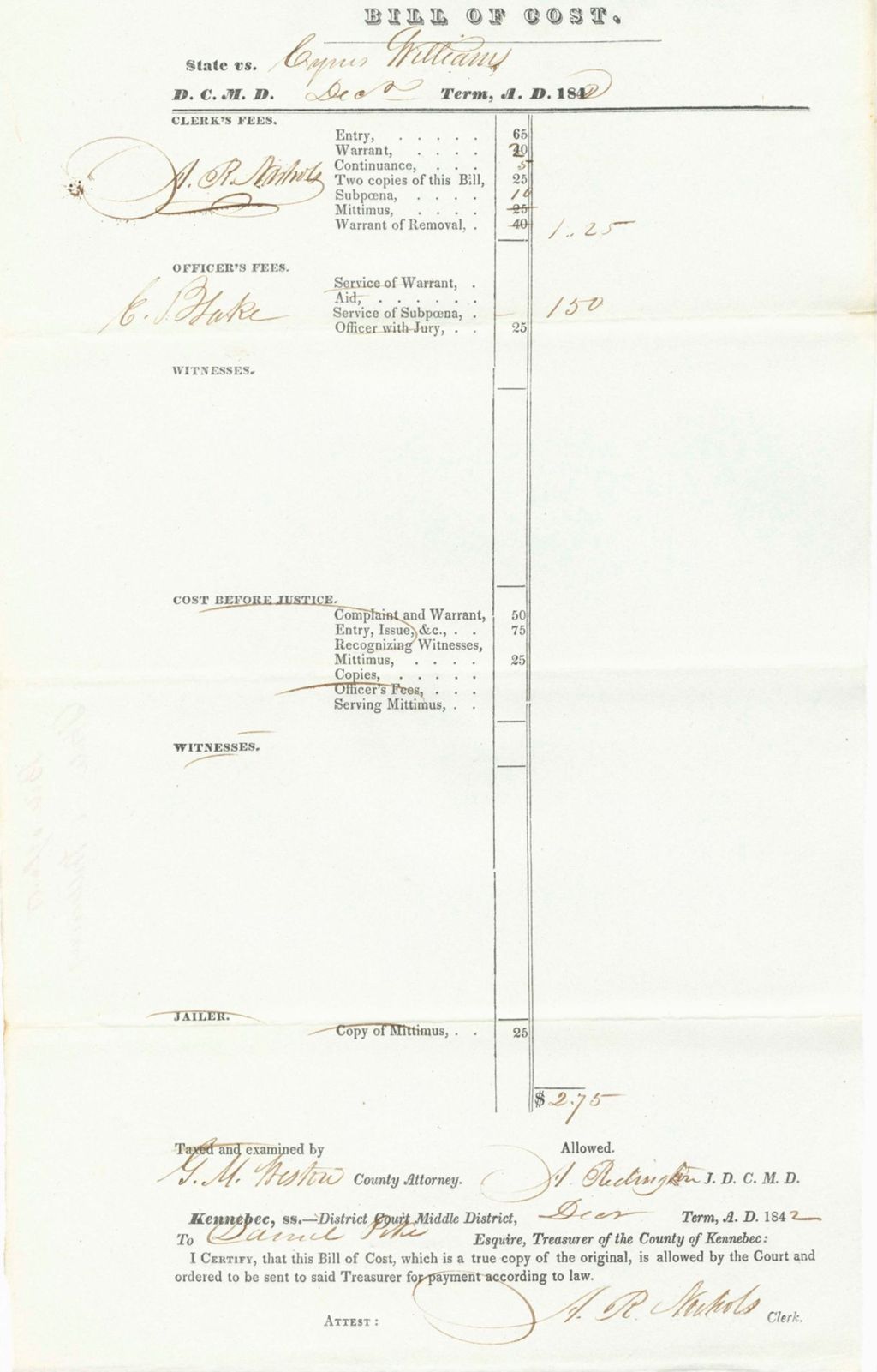 Miniature of Bill of Costs, State of Maine v. Williams