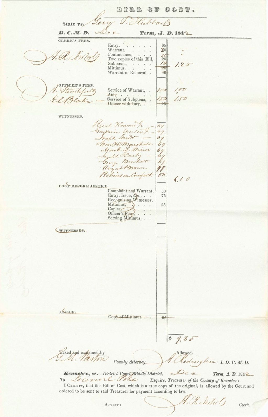 Miniature of Bill of Costs, State of Maine v. Hubbans