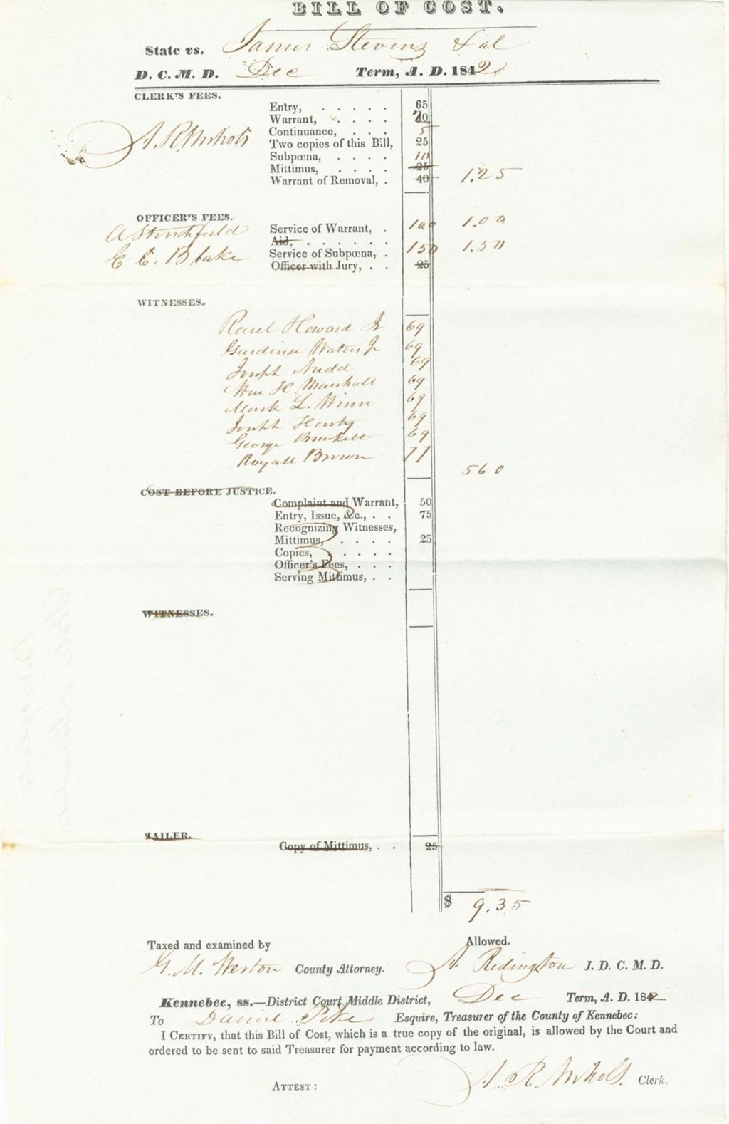 Miniature of Bill of Costs, State of Maine v. Stevens et al