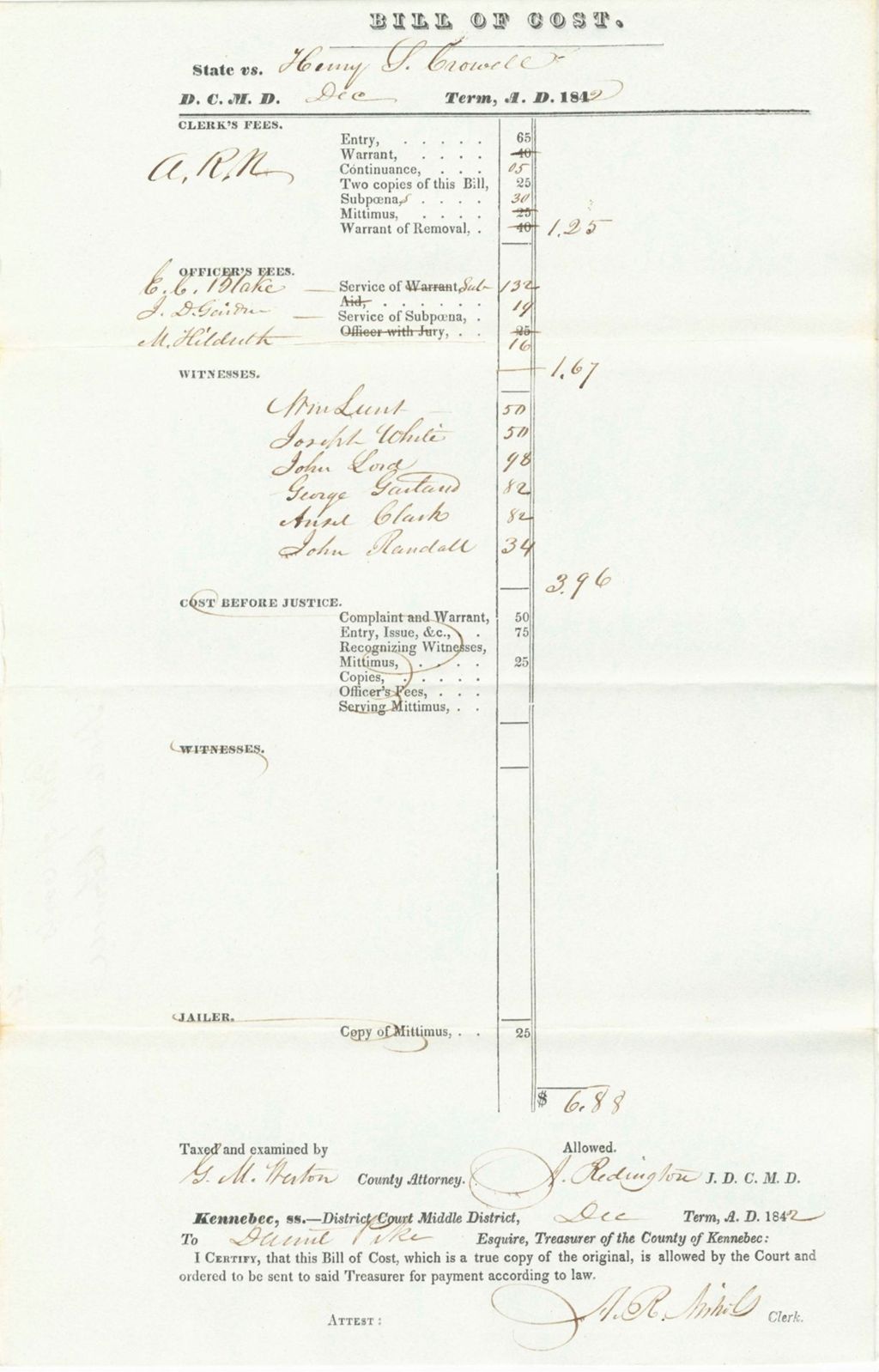 Miniature of Bill of Costs, State of Maine v. Lowell