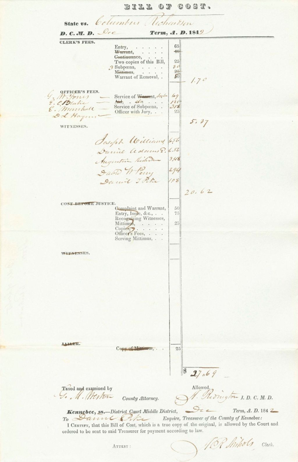 Miniature of Bill of Costs, State of Maine v. Richardson