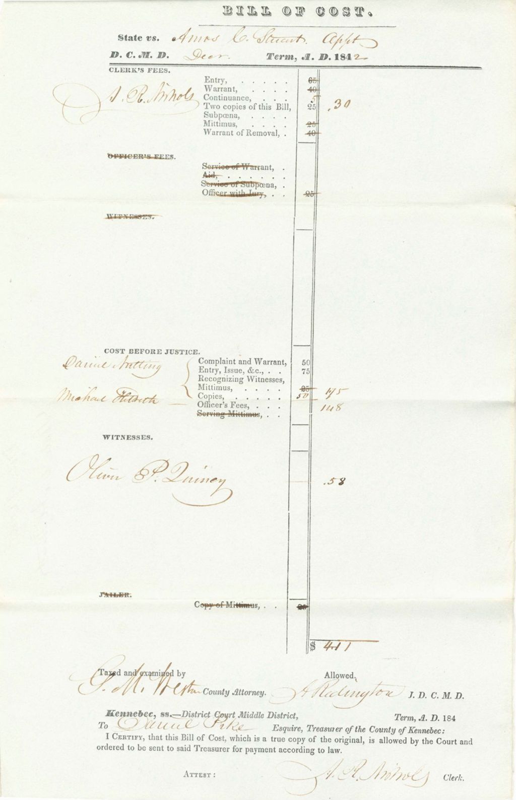 Miniature of Bill of Costs, State of Maine v. A. C. Stuart