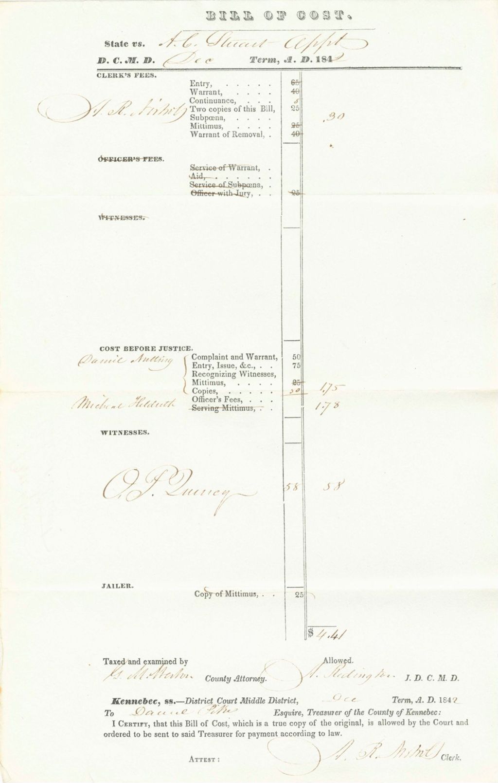 Miniature of Bill of Costs, State of Maine v. Stuart