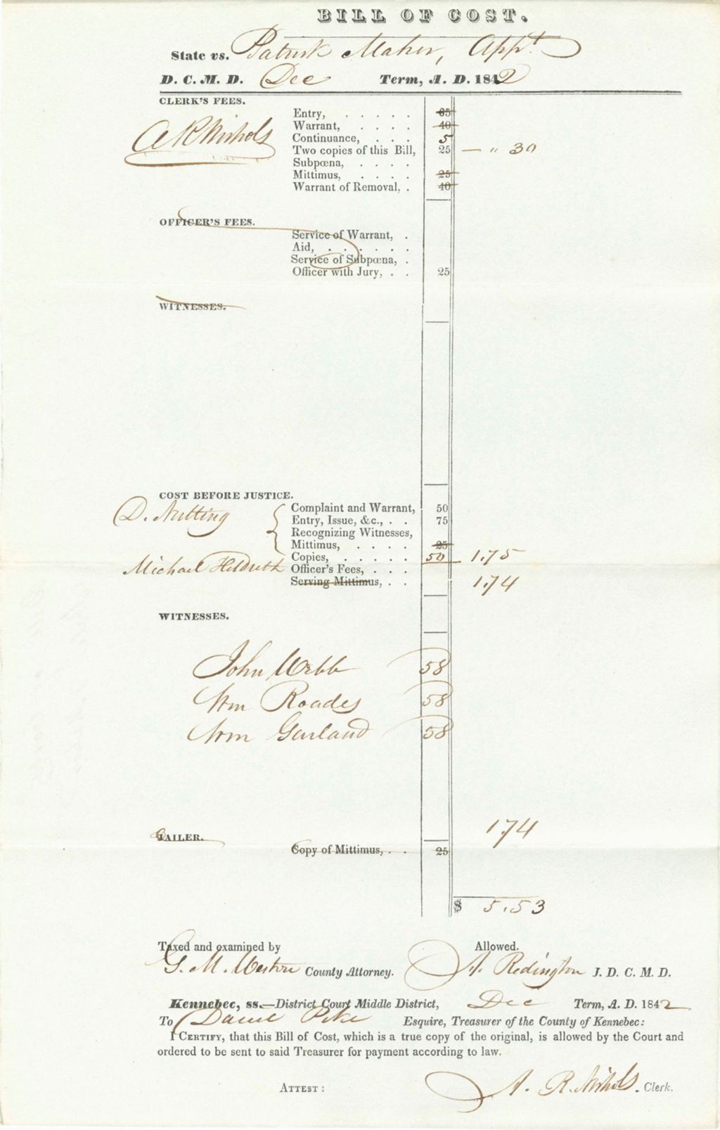 Miniature of Bill of Costs, State of Maine v. Maher
