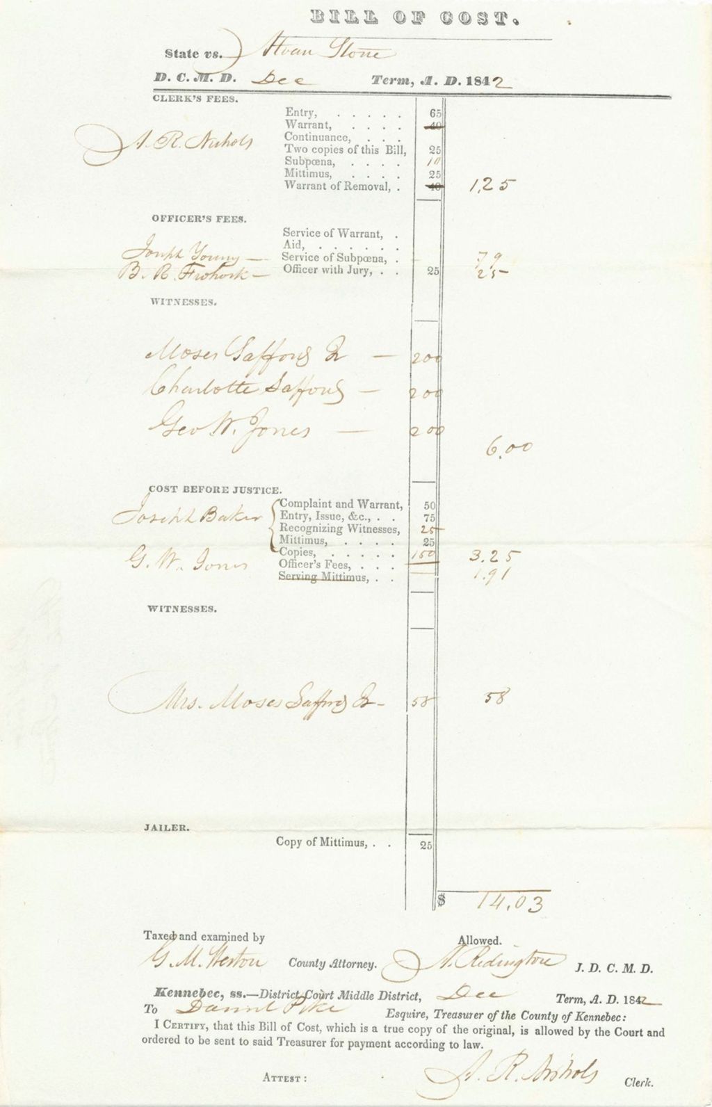 Miniature of Bill of Costs, State of Maine v. Stone