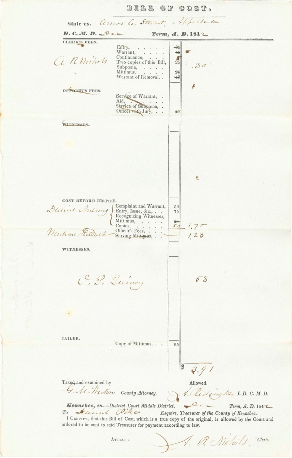 Miniature of Bill of Costs, State of Maine v. Stuart
