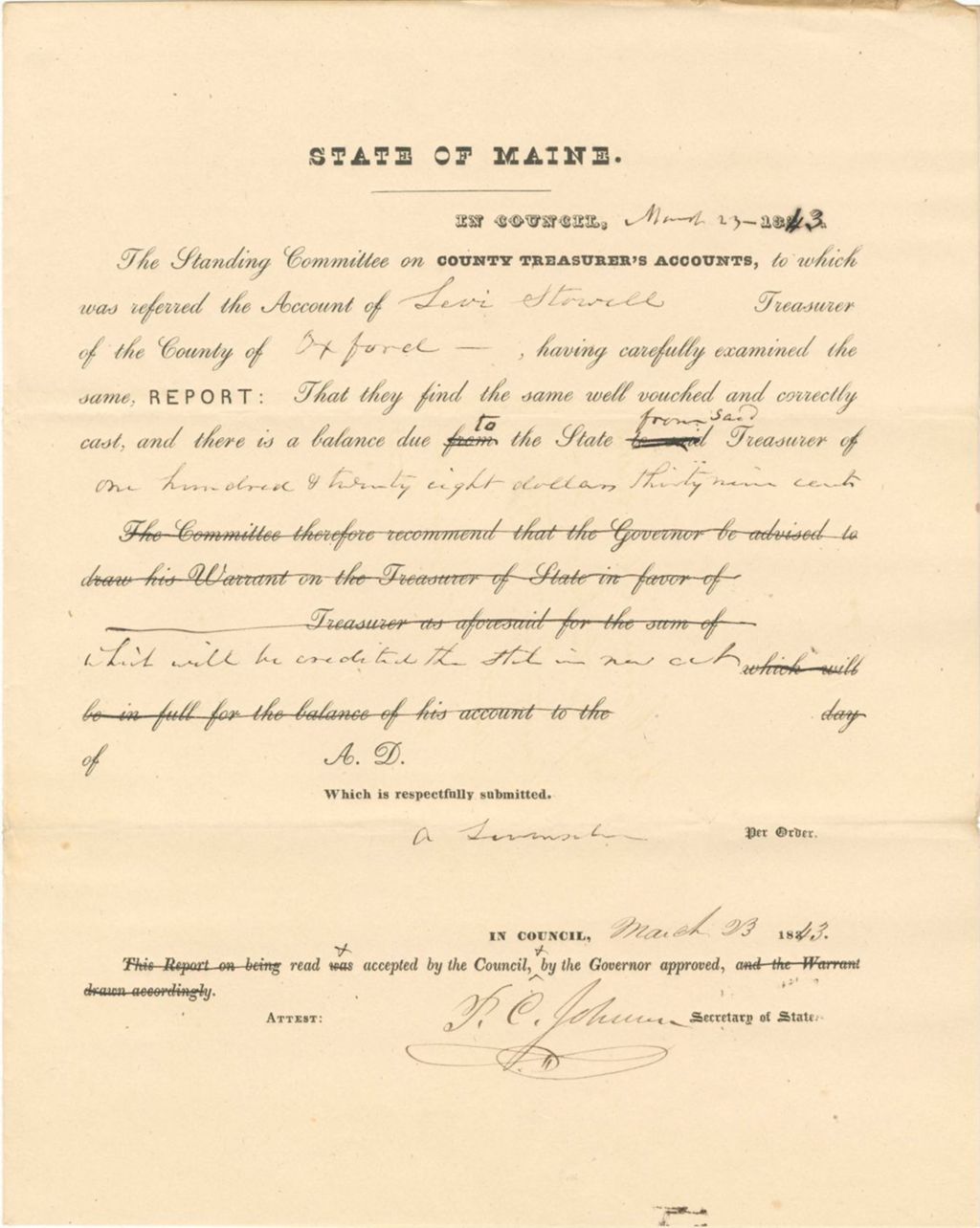 Miniature of Report 104: Report on the Account of Levil Stowell, Treasurer of Oxford County