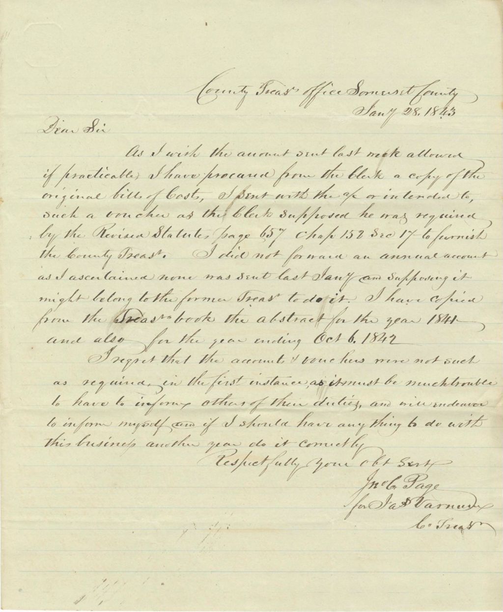 Miniature of James Varnum requesting copies of the Bills of Costs to the County Pleas office of Somerset County