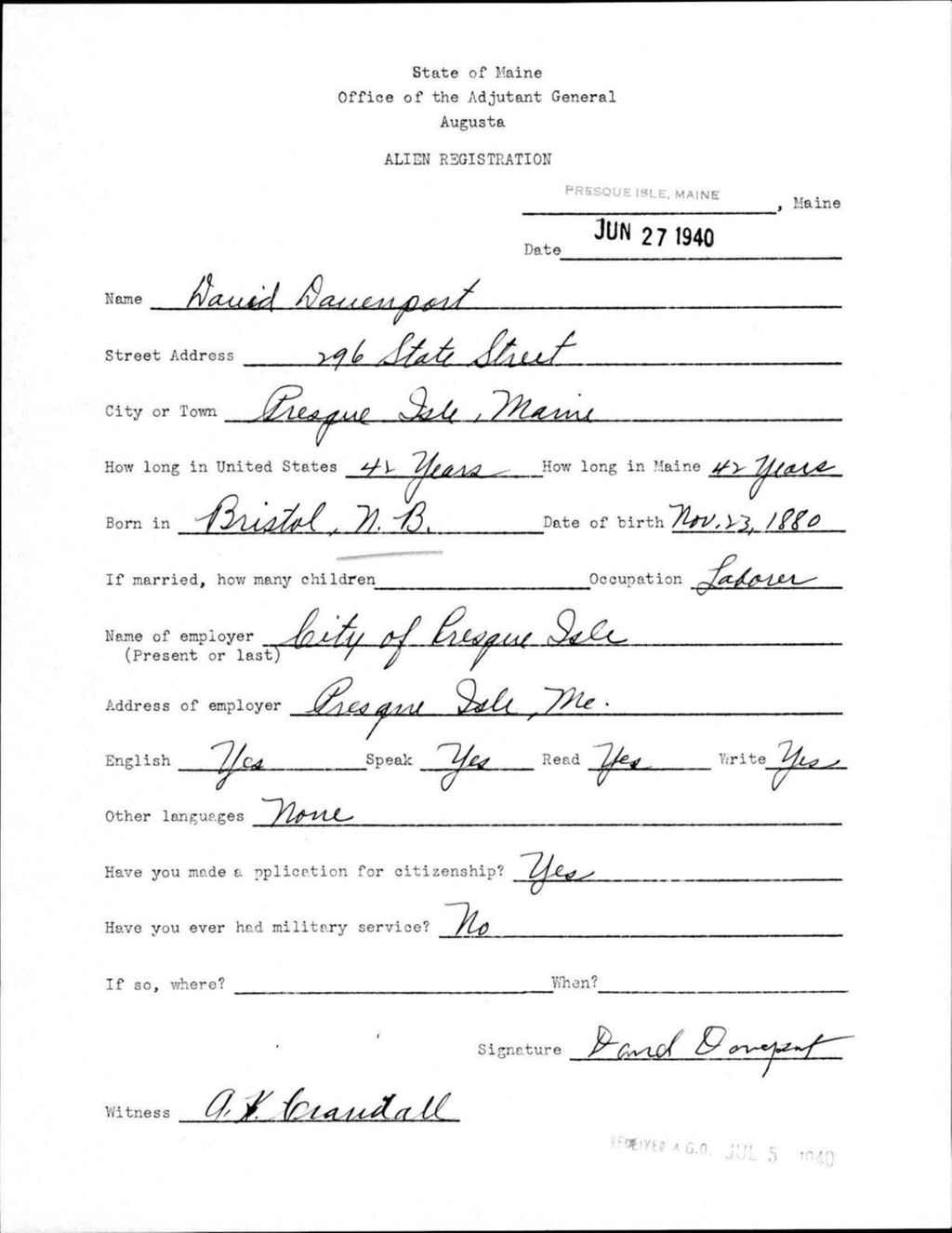 Miniature of Alien Registration- Davenport, David (Presque Isle, Aroostook County)