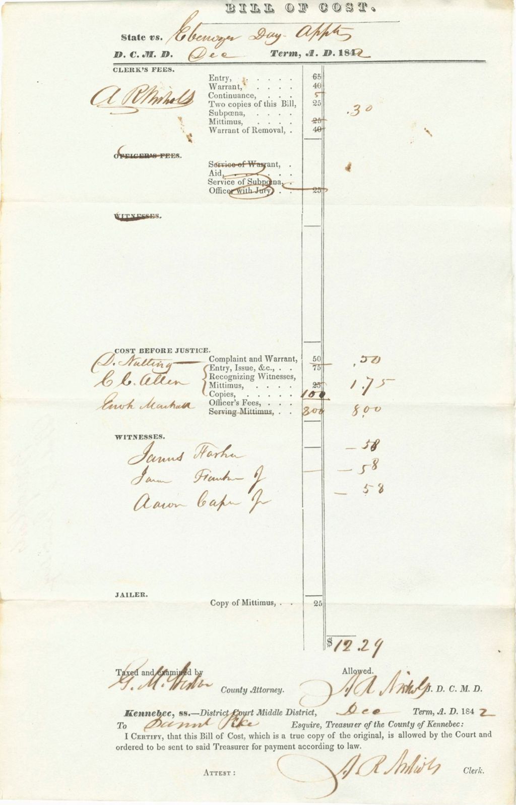 Miniature of Bill of Costs, State of Maine v. Ebenizer Day