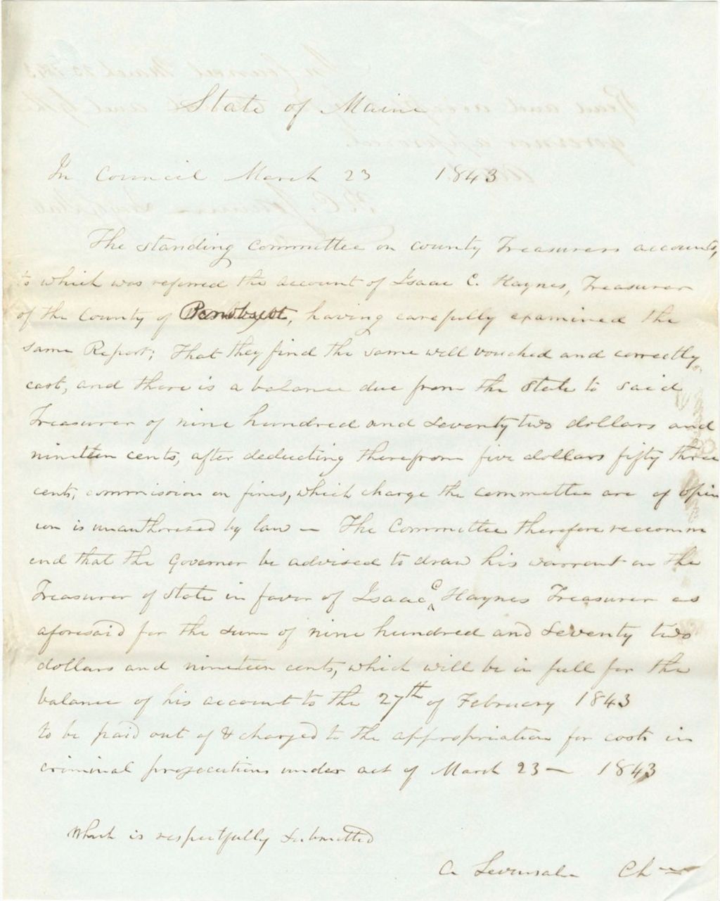 Miniature of Report 106: Report on the Warrant in Favor of Isaac C. Haynes, Treasurer of Penobscot County