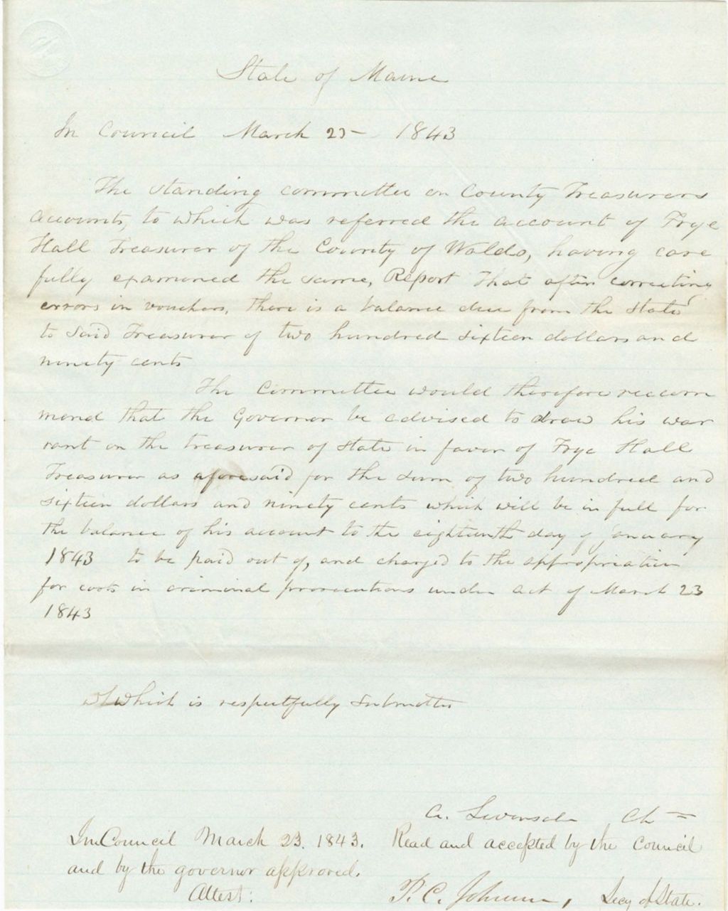 Miniature of Report 107: Report on the Warrant in Favor of Frye Hall, Treasurer of Waldo County