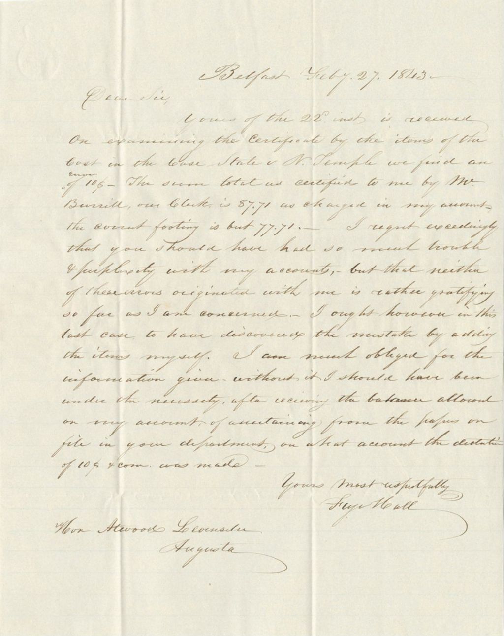 Miniature of Frye Hall writing to verify the certification of the costs related to the case State v. N. Temple
