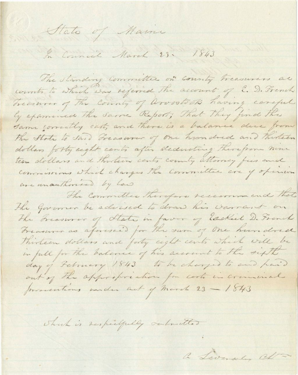 Miniature of Report 108: Report on the Warrant in Favor of E.D. French, Treasurer of Aroostook County