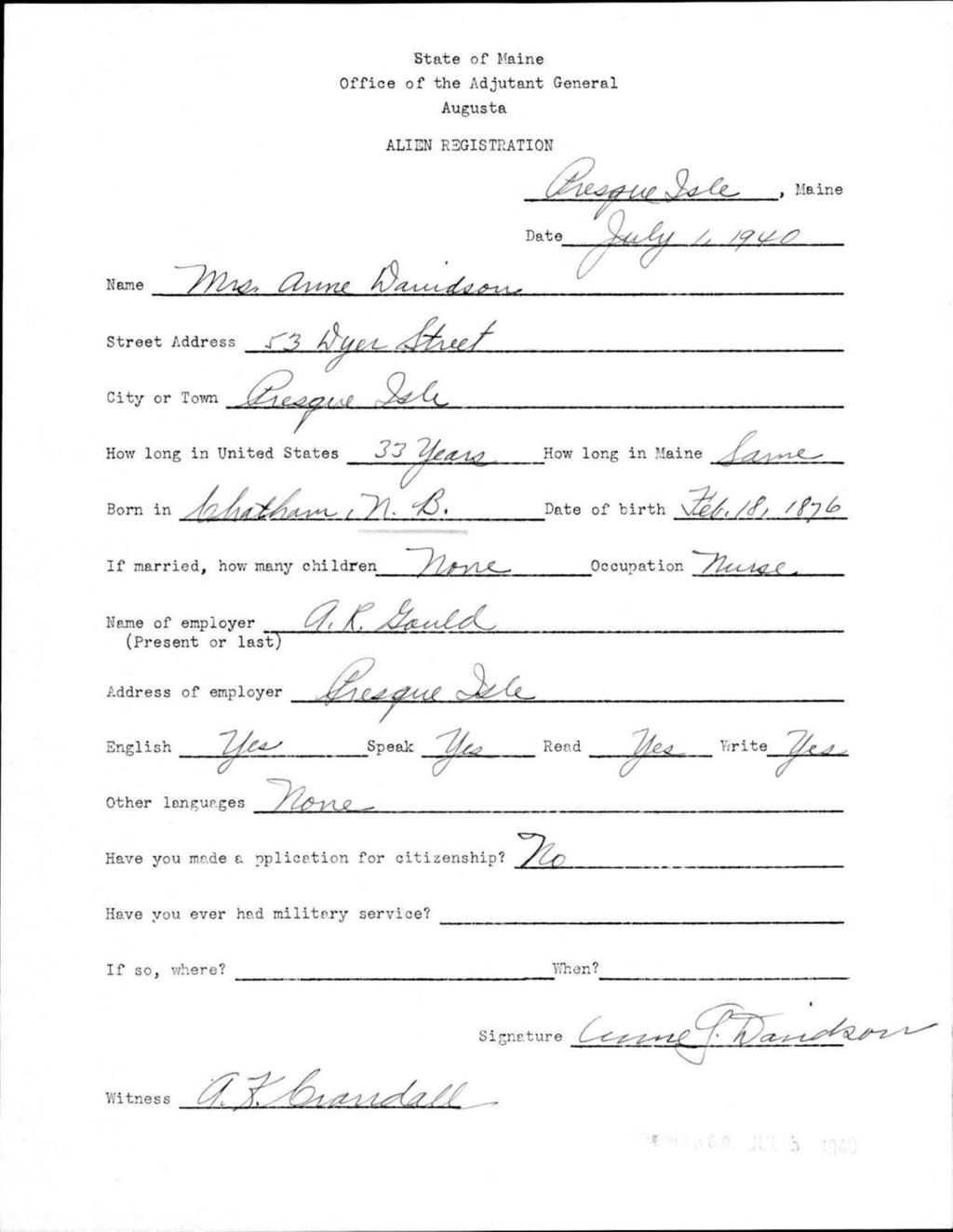 Miniature of Alien Registration- Davidson, Anne (Presque Isle, Aroostook County)