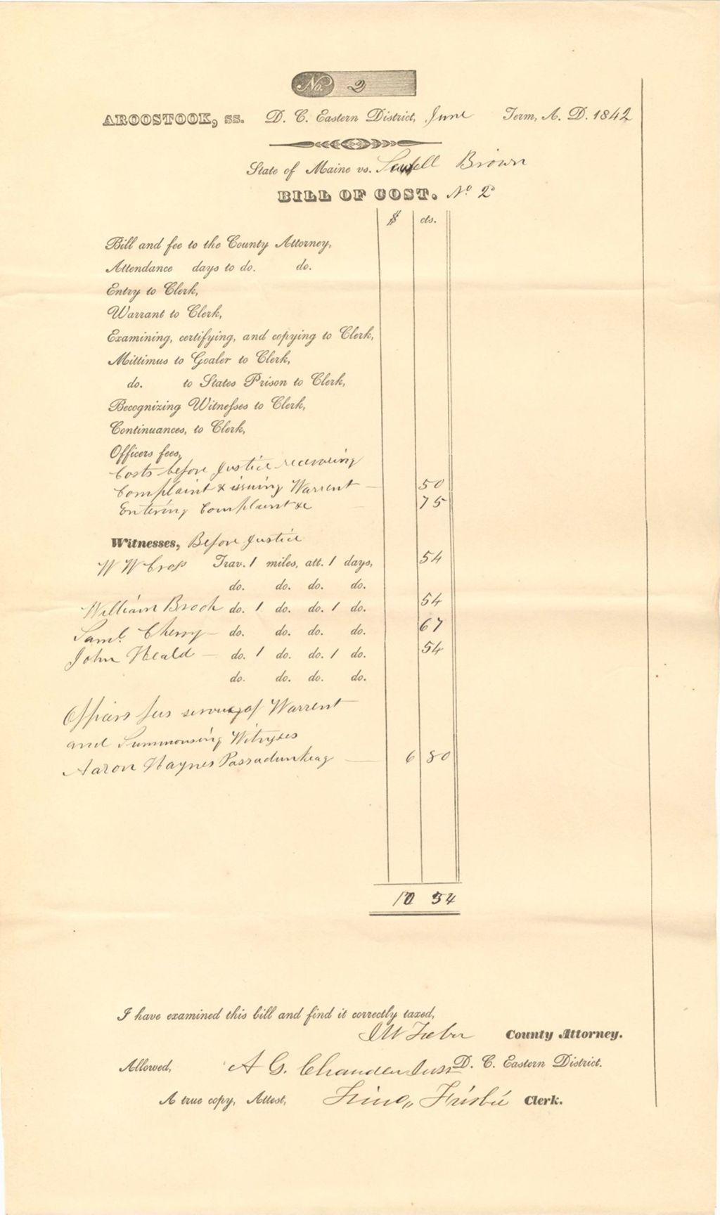 Miniature of Bill of Cost for Lowell Brown