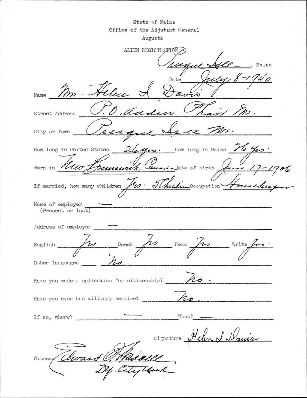 Miniature of Alien Registration- Davis, Helen I. (Presque Isle, Aroostook County)
