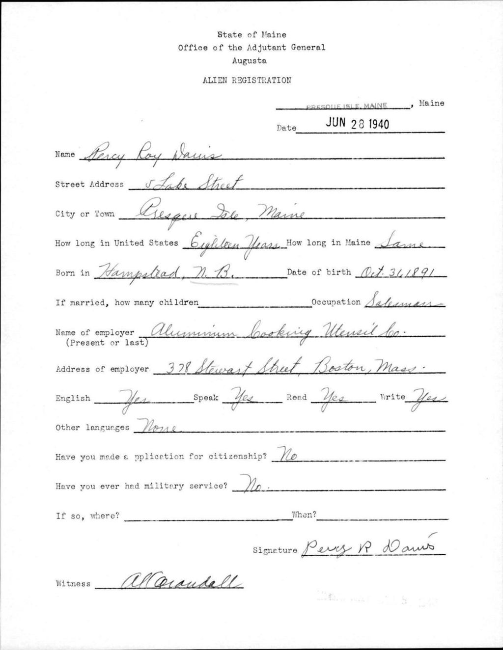 Miniature of Alien Registration- Davis, Percy R. (Presque Isle, Aroostook County)