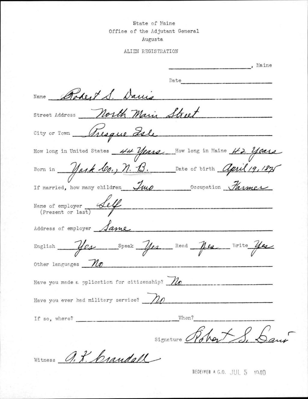 Miniature of Alien Registration- Davis, Robert S. (Presque Isle, Aroostook County)
