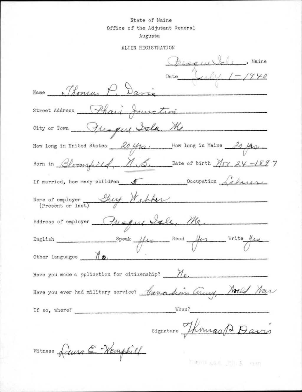 Miniature of Alien Registration- Davis, Thomas P. (Presque Isle, Aroostook County)