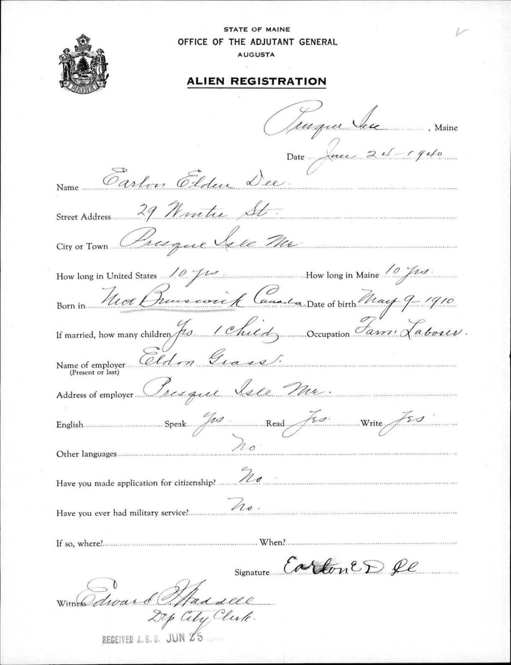 Miniature of Alien Registration- Dee, Earlon E. (Presque Isle, Aroostook County)
