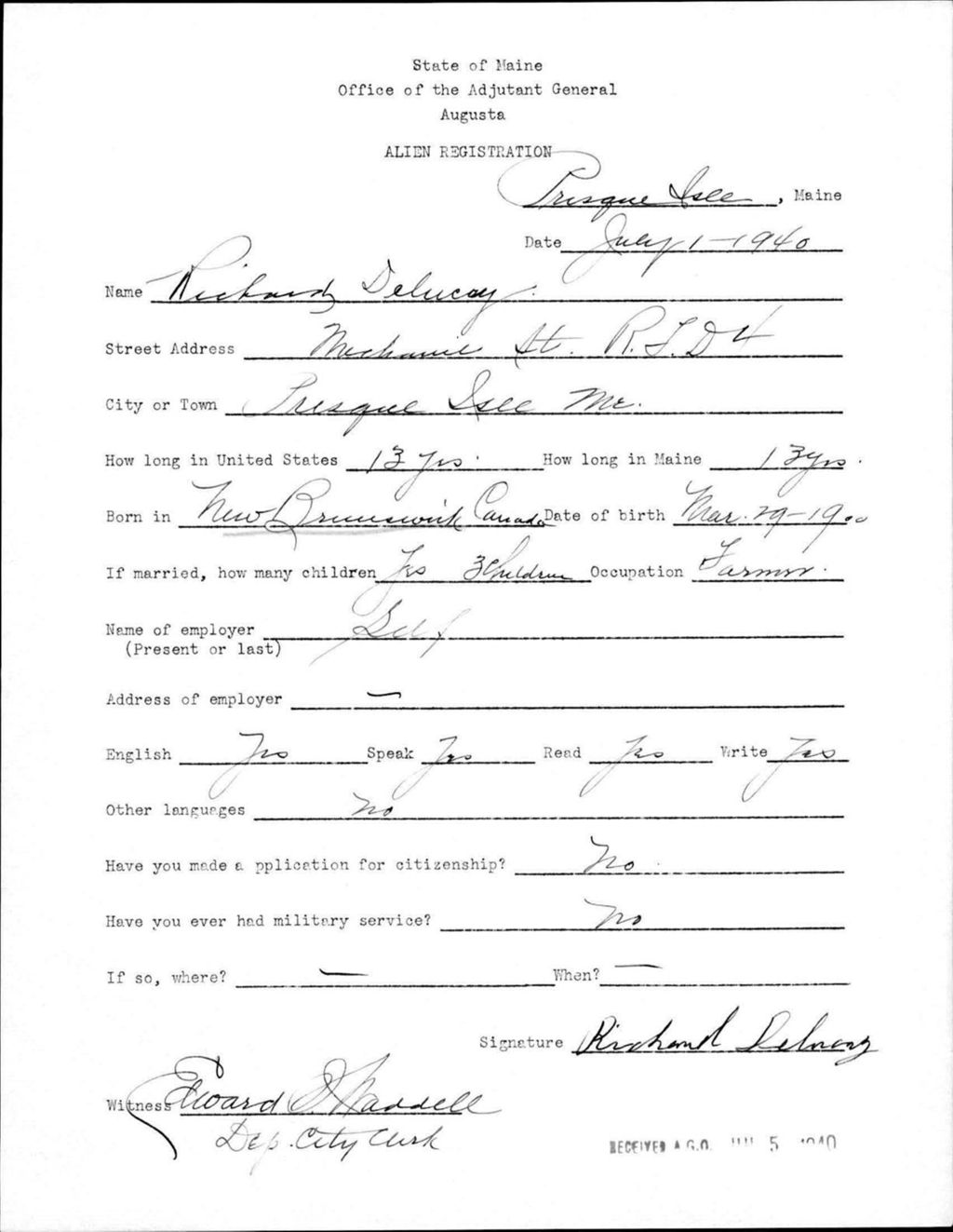 Miniature of Alien Registration- Delucry, Richard (Presque Isle, Aroostook County)
