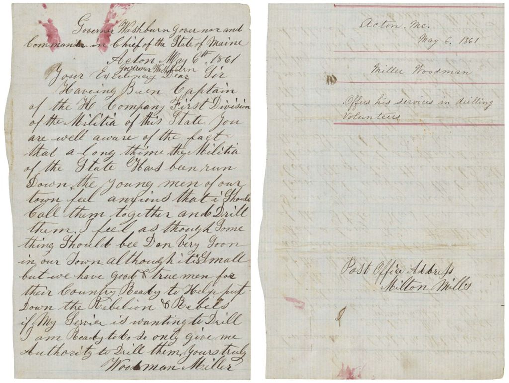 Miniature of Governor Washburn from Woodman Miller, offers his services in drilling volunteers