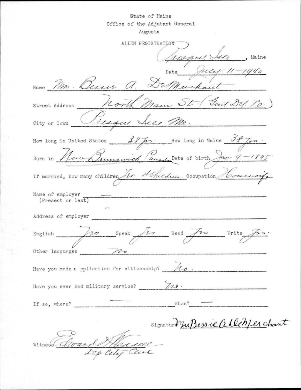 Miniature of Alien Registration- Demerchant, Bessie A. (Presque Isle, Aroostook County)