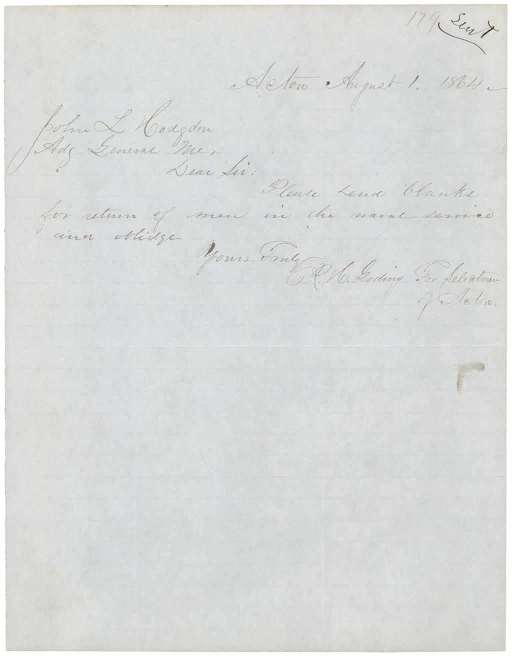 Miniature of John L. Hodsdon from R. H. Goding, asking for blanks to return of men in the naval services