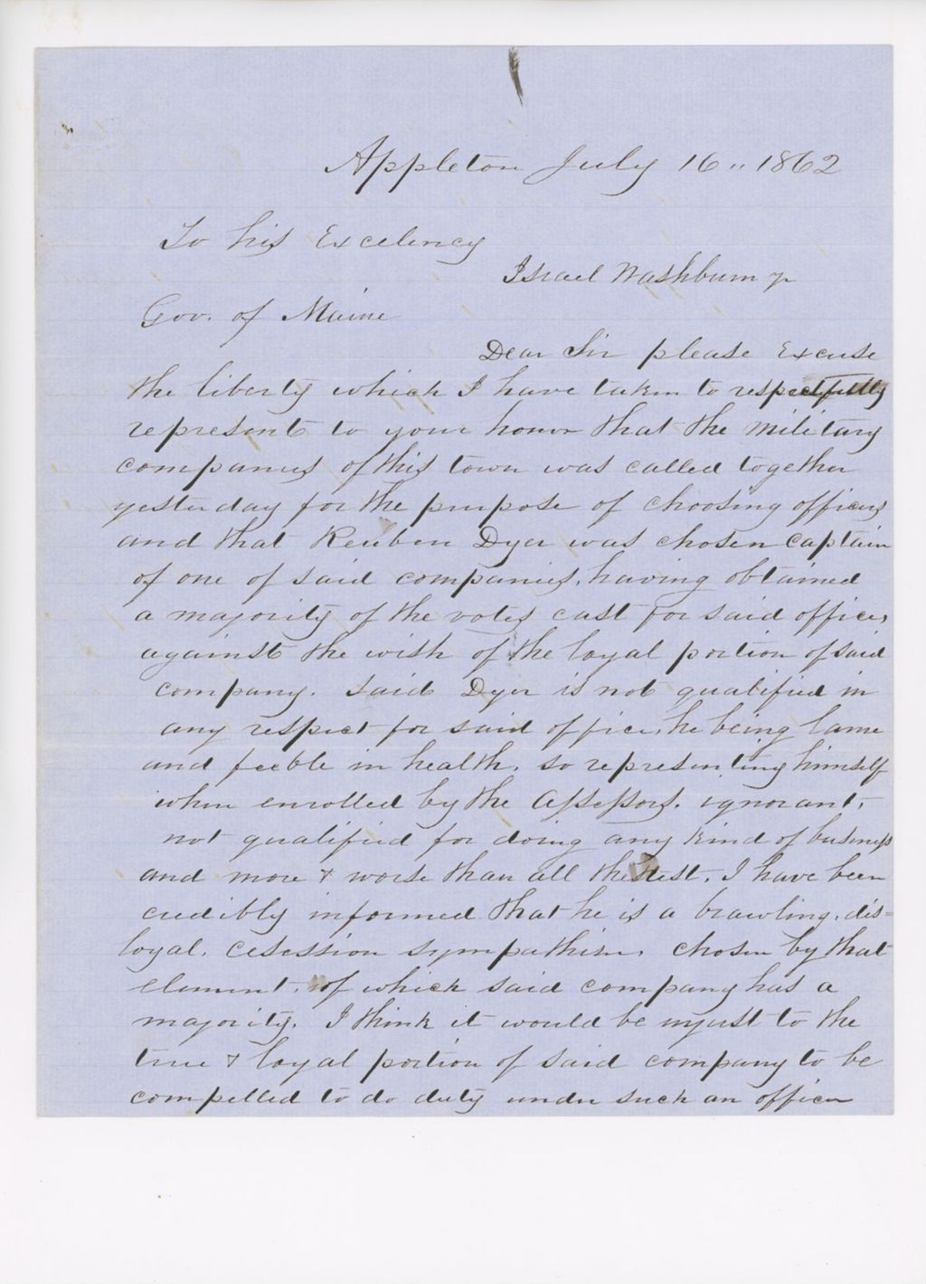 Miniature of Letter to Governor Washburn Requesting Replacement of Reuben Dyer