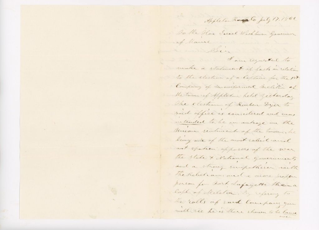 Miniature of Letter to Governor Washburn Requesting Replacement of Reuben Dyer
