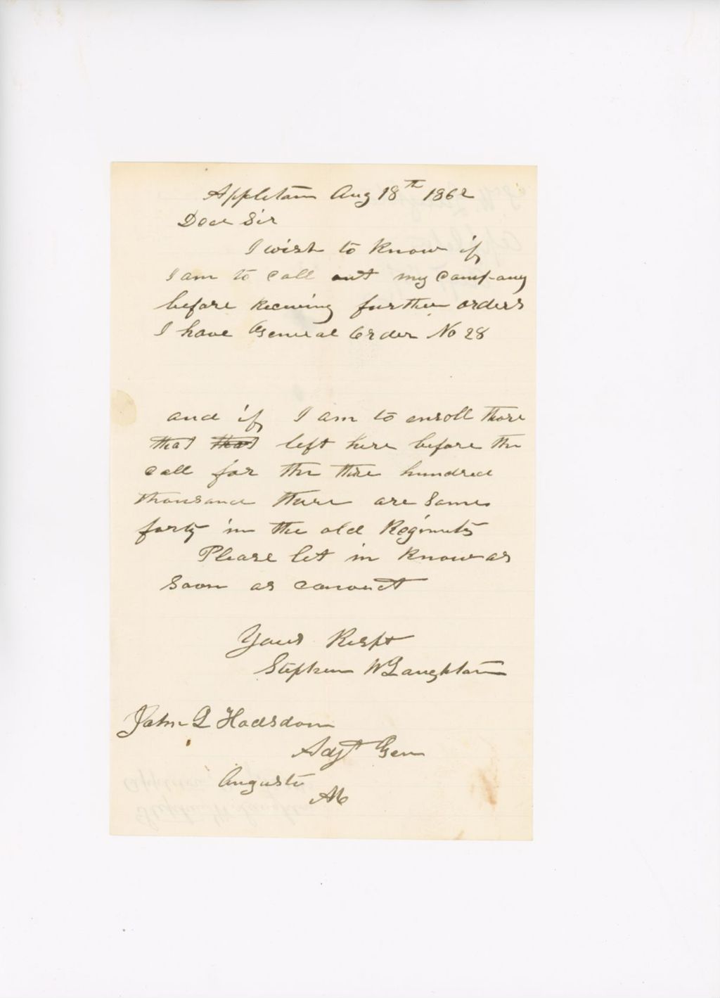 Miniature of Letter to John Hodsdon from Stephen W. Laughton